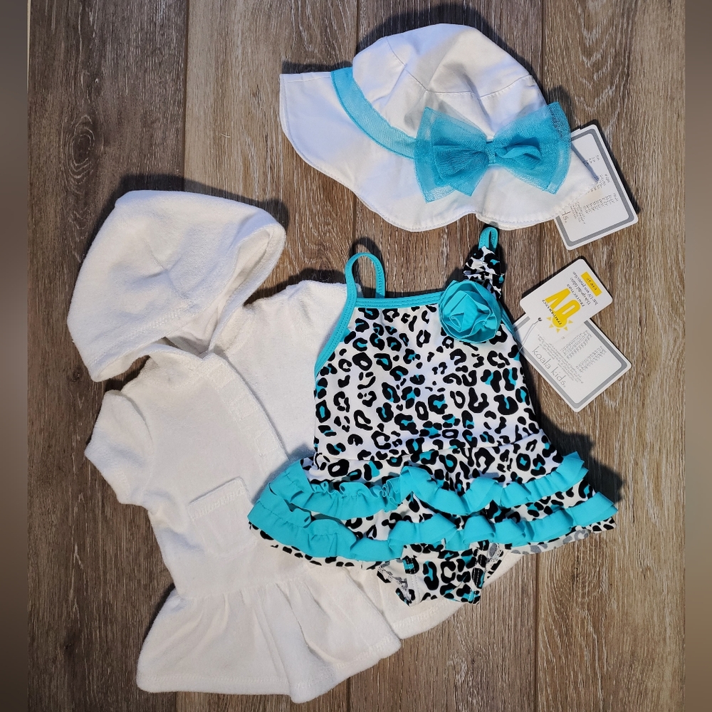 Koala Kids 3 piece swim set, aqua, black one piece, sun hat, cover up, 3 mo.